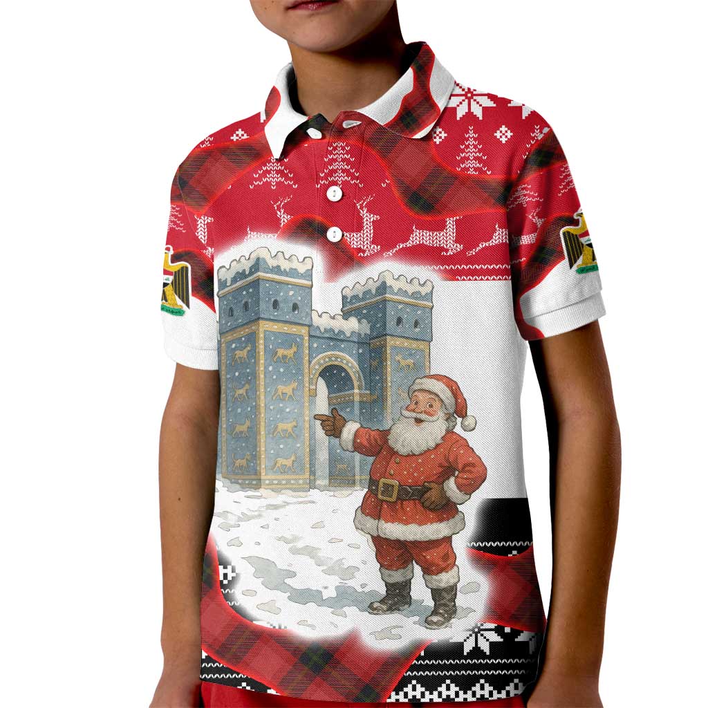 Iraq Christmas Kid Polo Shirt with Santa Ishtar Gate Red Plaid and Snowflake Reindeer Pattern - Wonder Print Shop