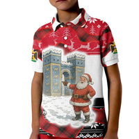 Iraq Christmas Kid Polo Shirt with Santa Ishtar Gate Red Plaid and Snowflake Reindeer Pattern - Wonder Print Shop