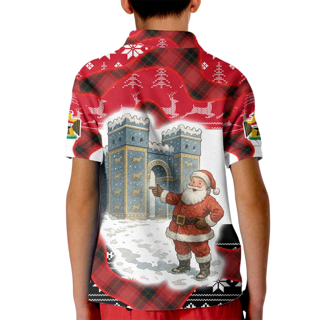 Iraq Christmas Kid Polo Shirt with Santa Ishtar Gate Red Plaid and Snowflake Reindeer Pattern - Wonder Print Shop