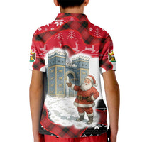 Iraq Christmas Kid Polo Shirt with Santa Ishtar Gate Red Plaid and Snowflake Reindeer Pattern - Wonder Print Shop