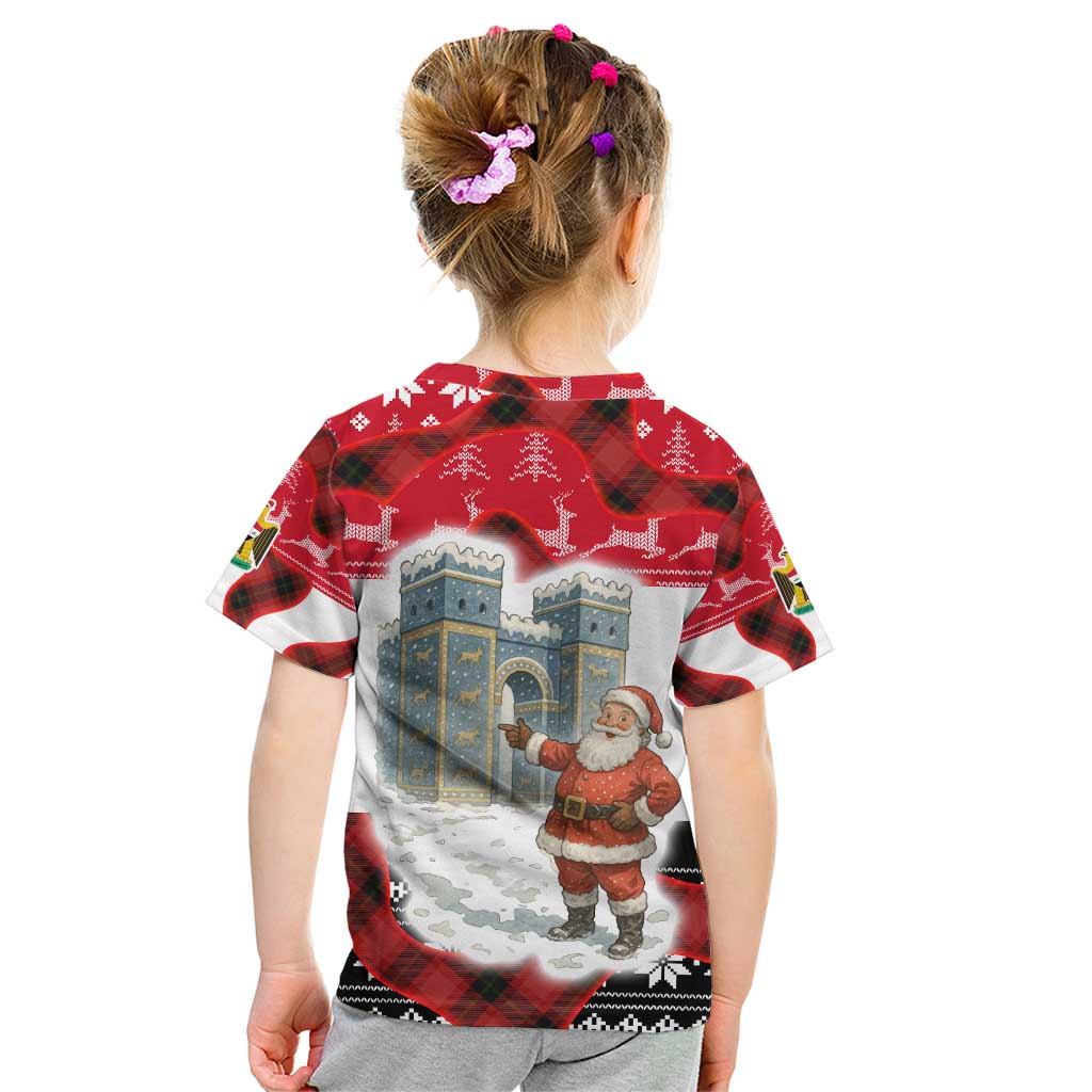 Iraq Christmas Kid T Shirt with Santa Ishtar Gate Red Plaid and Snowflake Reindeer Pattern - Wonder Print Shop
