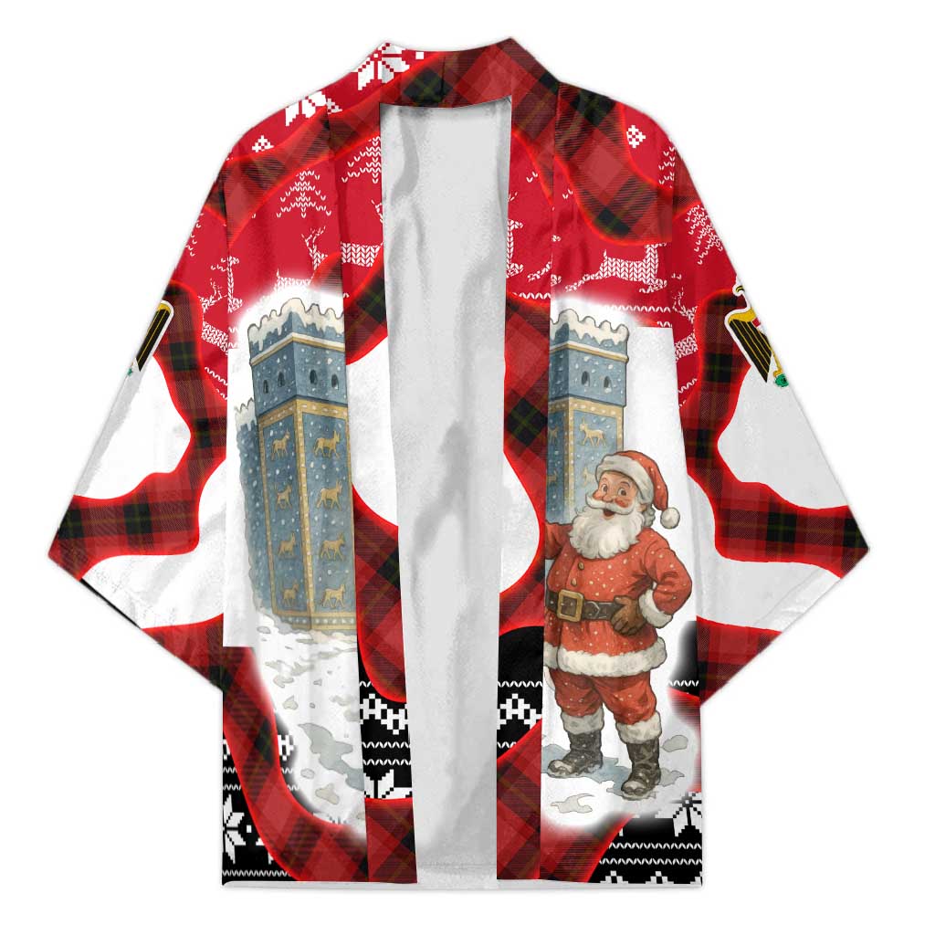 Iraq Christmas Kimono with Santa Ishtar Gate Red Plaid and Snowflake Reindeer Pattern - Wonder Print Shop