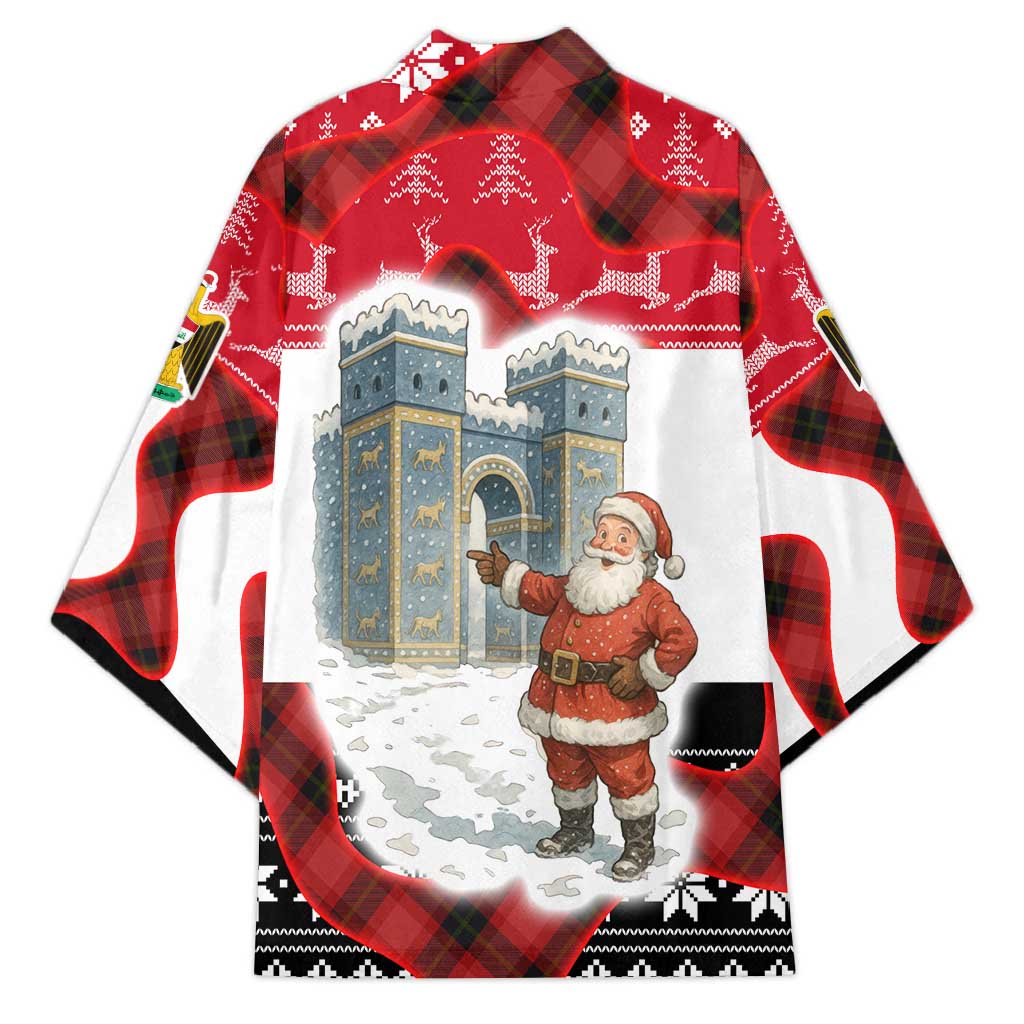 Iraq Christmas Kimono with Santa Ishtar Gate Red Plaid and Snowflake Reindeer Pattern - Wonder Print Shop