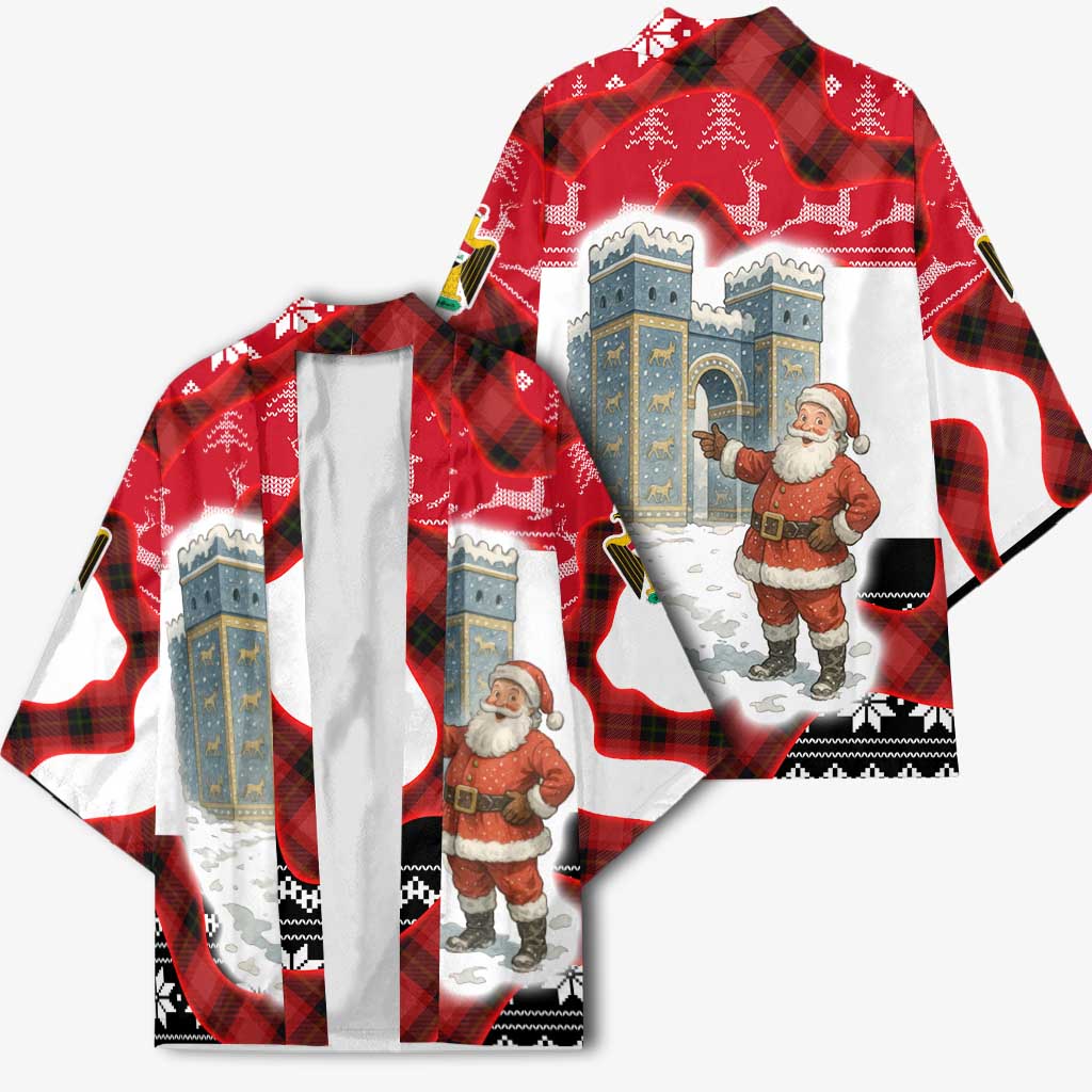 Iraq Christmas Kimono with Santa Ishtar Gate Red Plaid and Snowflake Reindeer Pattern - Wonder Print Shop