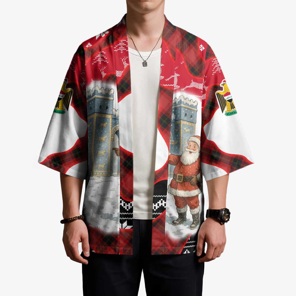 Iraq Christmas Kimono with Santa Ishtar Gate Red Plaid and Snowflake Reindeer Pattern - Wonder Print Shop