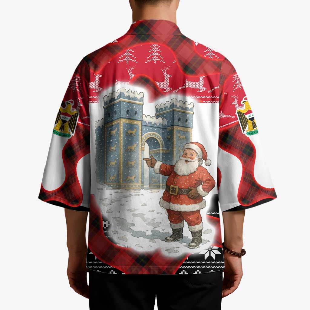 Iraq Christmas Kimono with Santa Ishtar Gate Red Plaid and Snowflake Reindeer Pattern - Wonder Print Shop