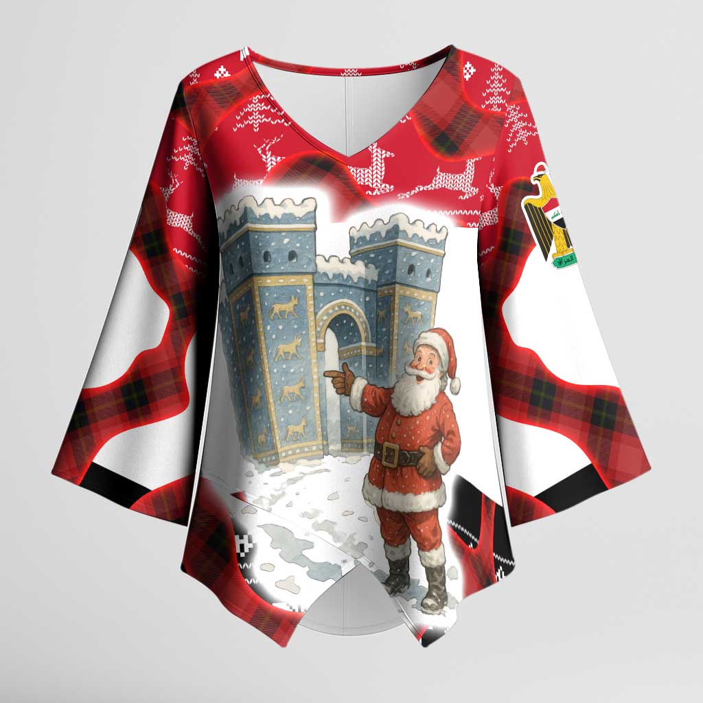 Iraq Christmas Kimono Sleeve Blouse with Santa Ishtar Gate Red Plaid and Snowflake Reindeer Pattern - Wonder Print Shop