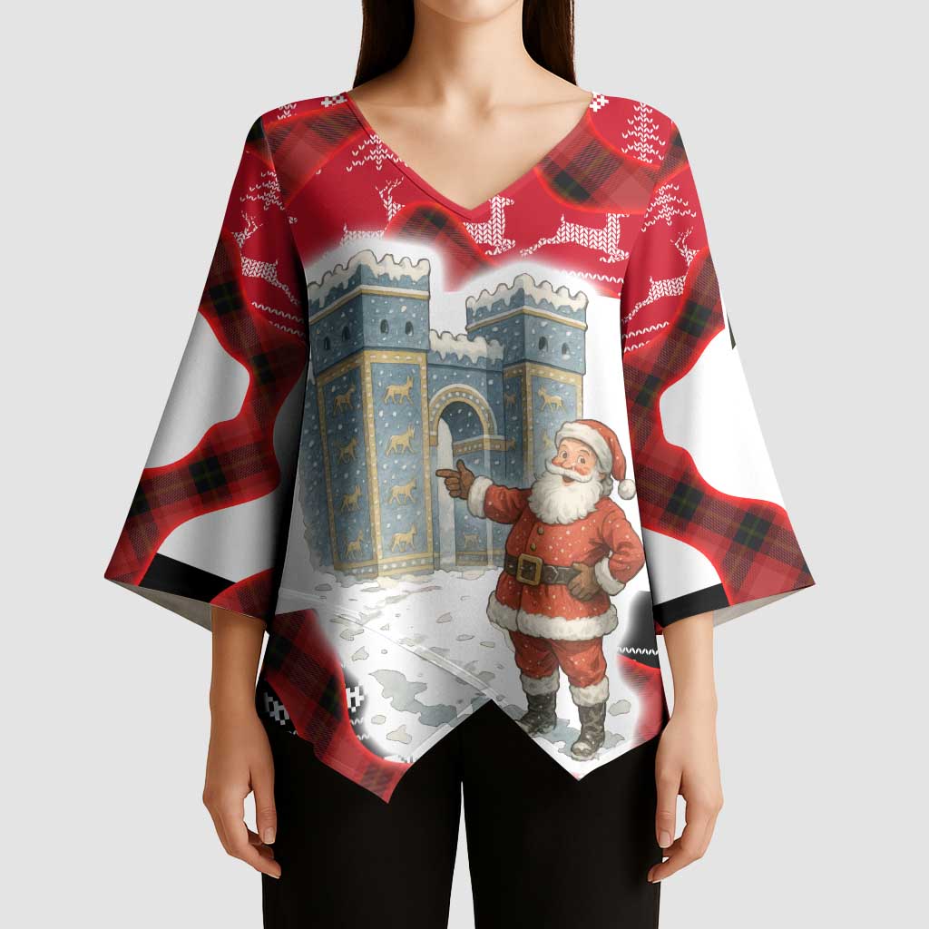 Iraq Christmas Kimono Sleeve Blouse with Santa Ishtar Gate Red Plaid and Snowflake Reindeer Pattern - Wonder Print Shop
