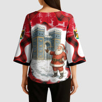 Iraq Christmas Kimono Sleeve Blouse with Santa Ishtar Gate Red Plaid and Snowflake Reindeer Pattern - Wonder Print Shop