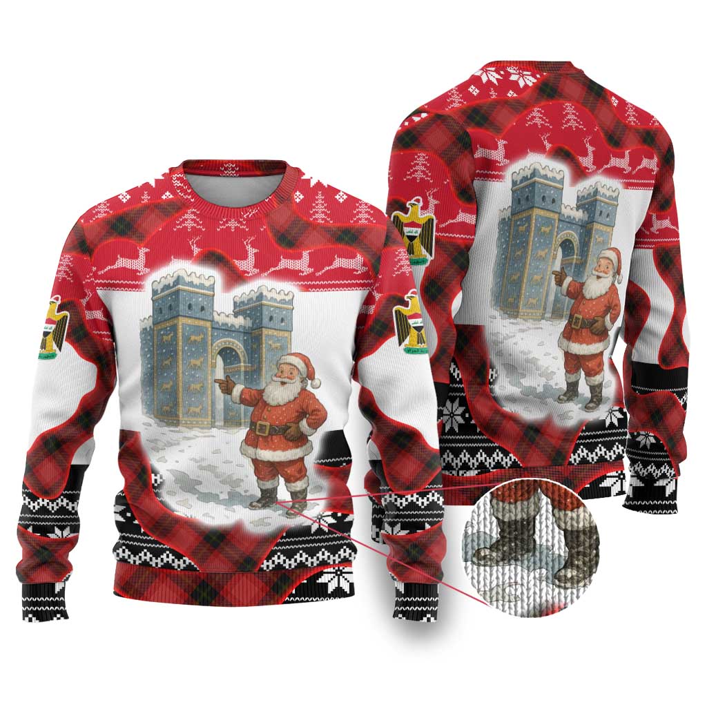 Iraq Christmas Ugly Christmas Sweater with Santa Ishtar Gate Red Plaid and Snowflake Reindeer Pattern - Wonder Print Shop