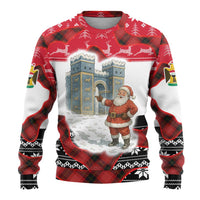 Iraq Christmas Ugly Christmas Sweater with Santa Ishtar Gate Red Plaid and Snowflake Reindeer Pattern - Wonder Print Shop