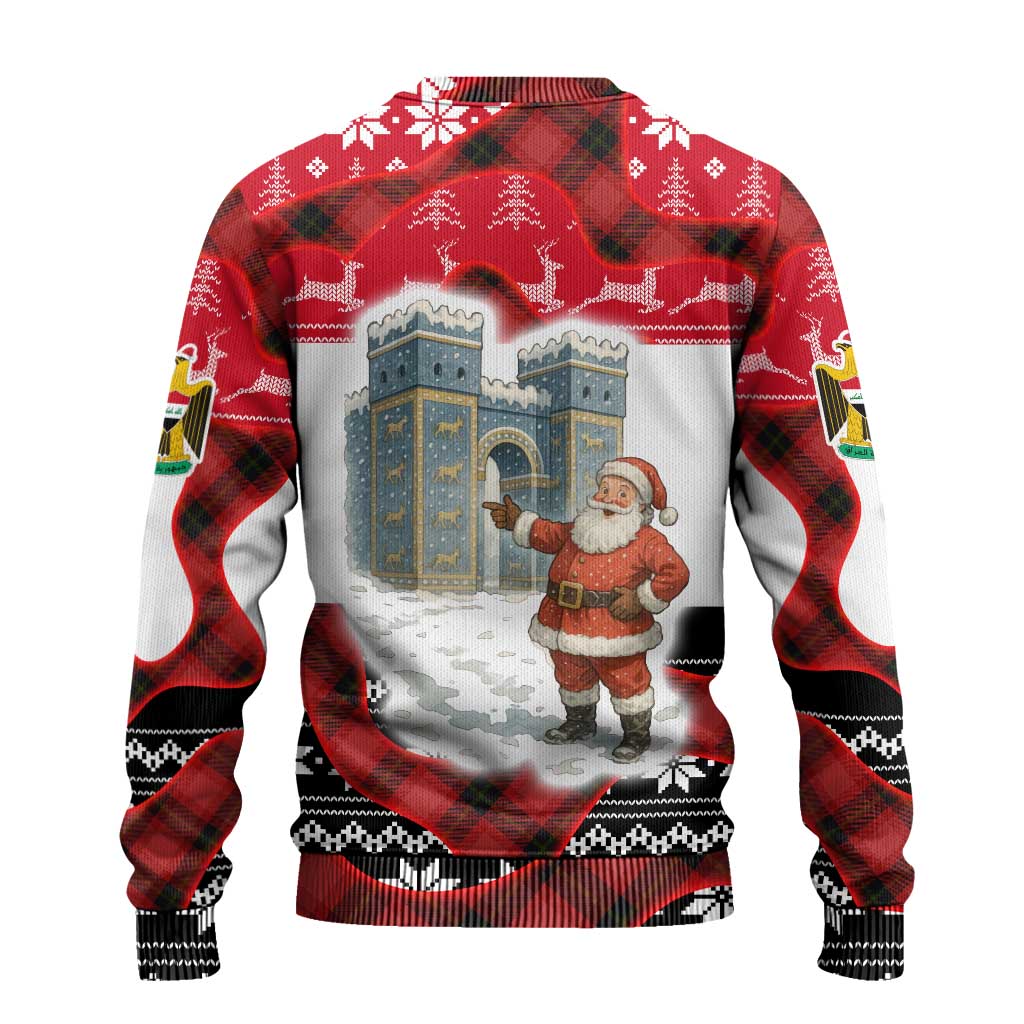 Iraq Christmas Ugly Christmas Sweater with Santa Ishtar Gate Red Plaid and Snowflake Reindeer Pattern - Wonder Print Shop