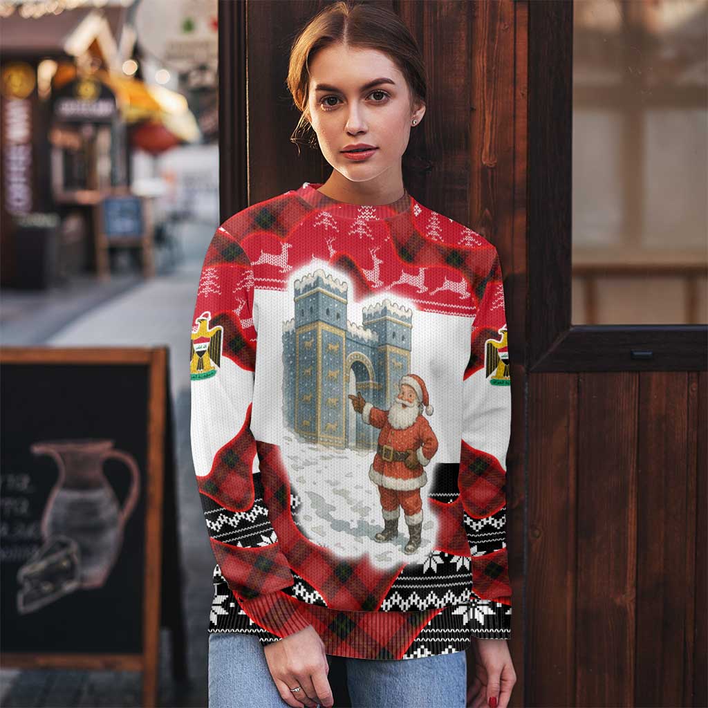Iraq Christmas Ugly Christmas Sweater with Santa Ishtar Gate Red Plaid and Snowflake Reindeer Pattern - Wonder Print Shop