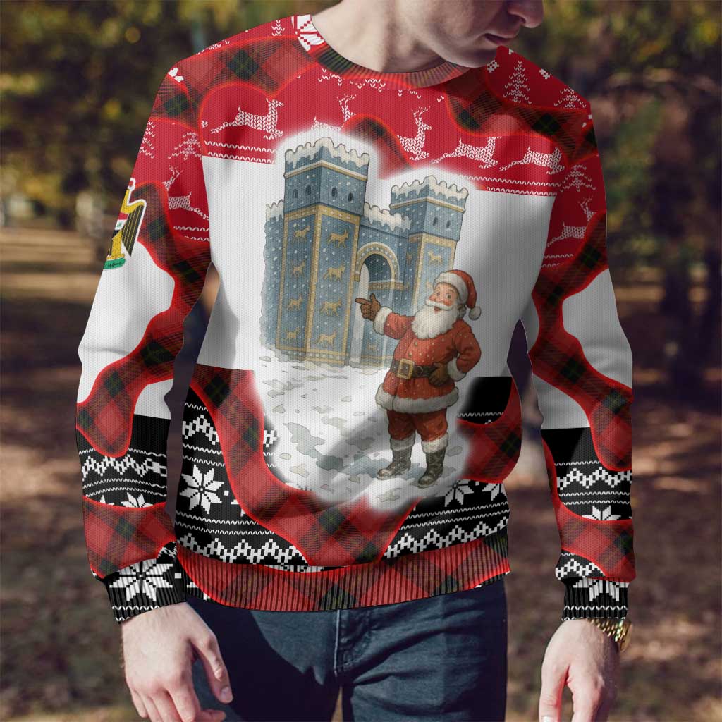 Iraq Christmas Ugly Christmas Sweater with Santa Ishtar Gate Red Plaid and Snowflake Reindeer Pattern - Wonder Print Shop