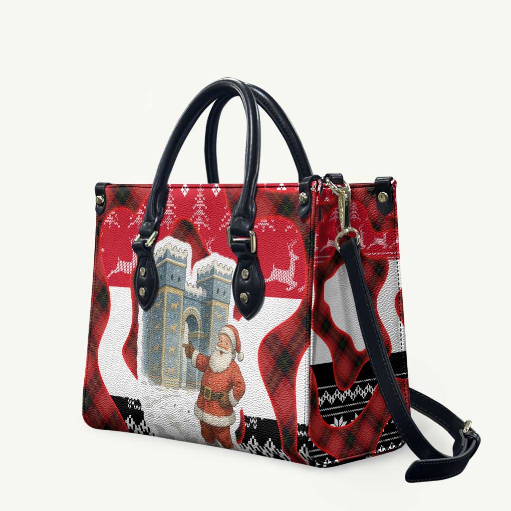 Iraq Christmas Leather Bag with Santa Ishtar Gate Red Plaid and Snowflake Reindeer Pattern - Wonder Print Shop