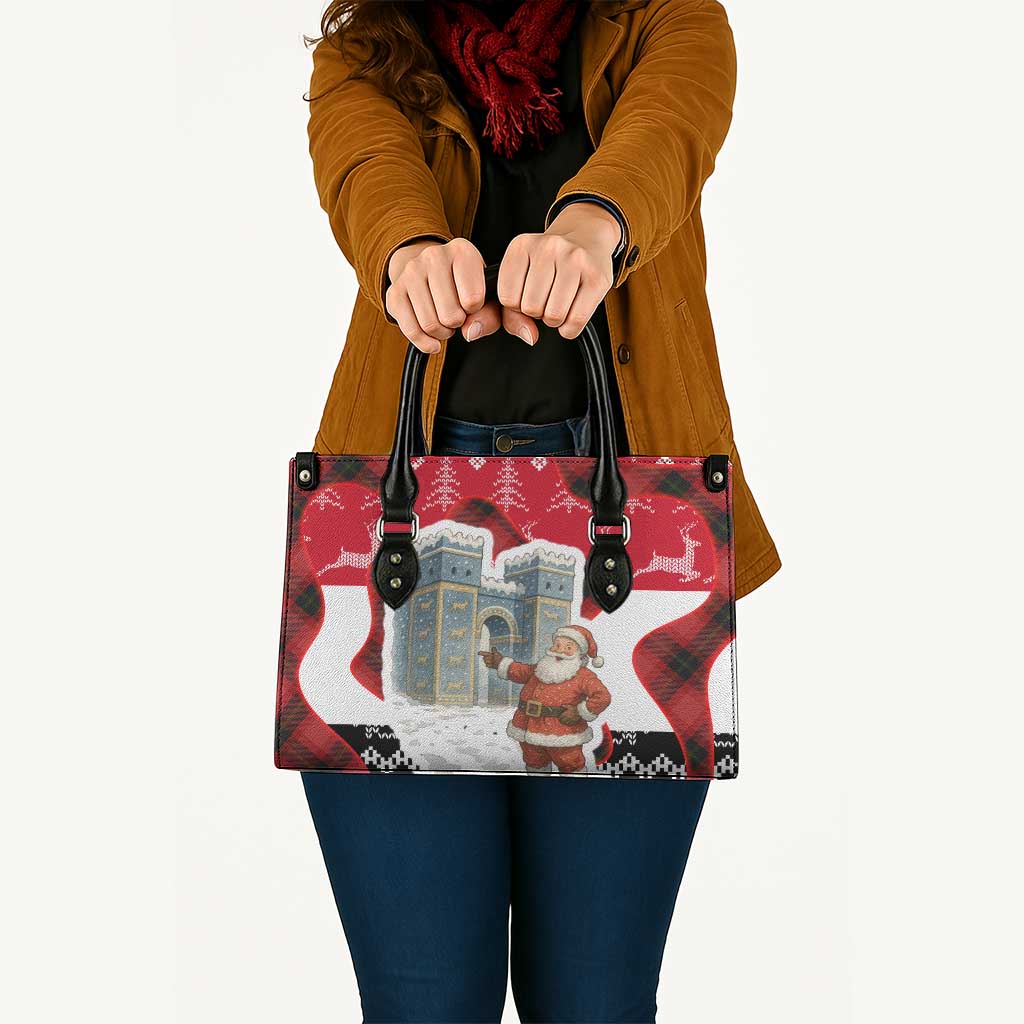 Iraq Christmas Leather Bag with Santa Ishtar Gate Red Plaid and Snowflake Reindeer Pattern - Wonder Print Shop