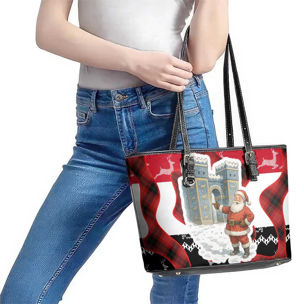 Iraq Christmas Leather Tote Bag with Santa Ishtar Gate Red Plaid and Snowflake Reindeer Pattern - Wonder Print Shop