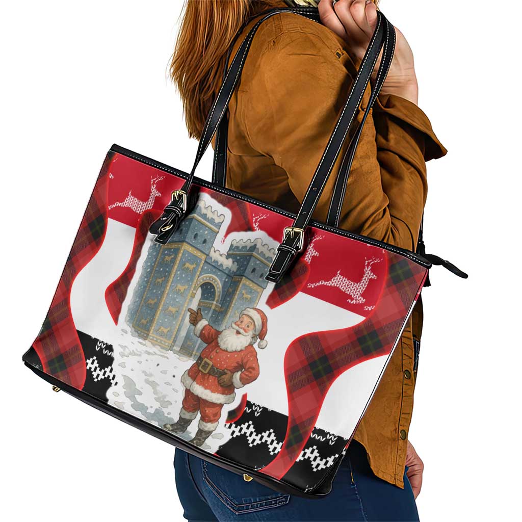 Iraq Christmas Leather Tote Bag with Santa Ishtar Gate Red Plaid and Snowflake Reindeer Pattern - Wonder Print Shop