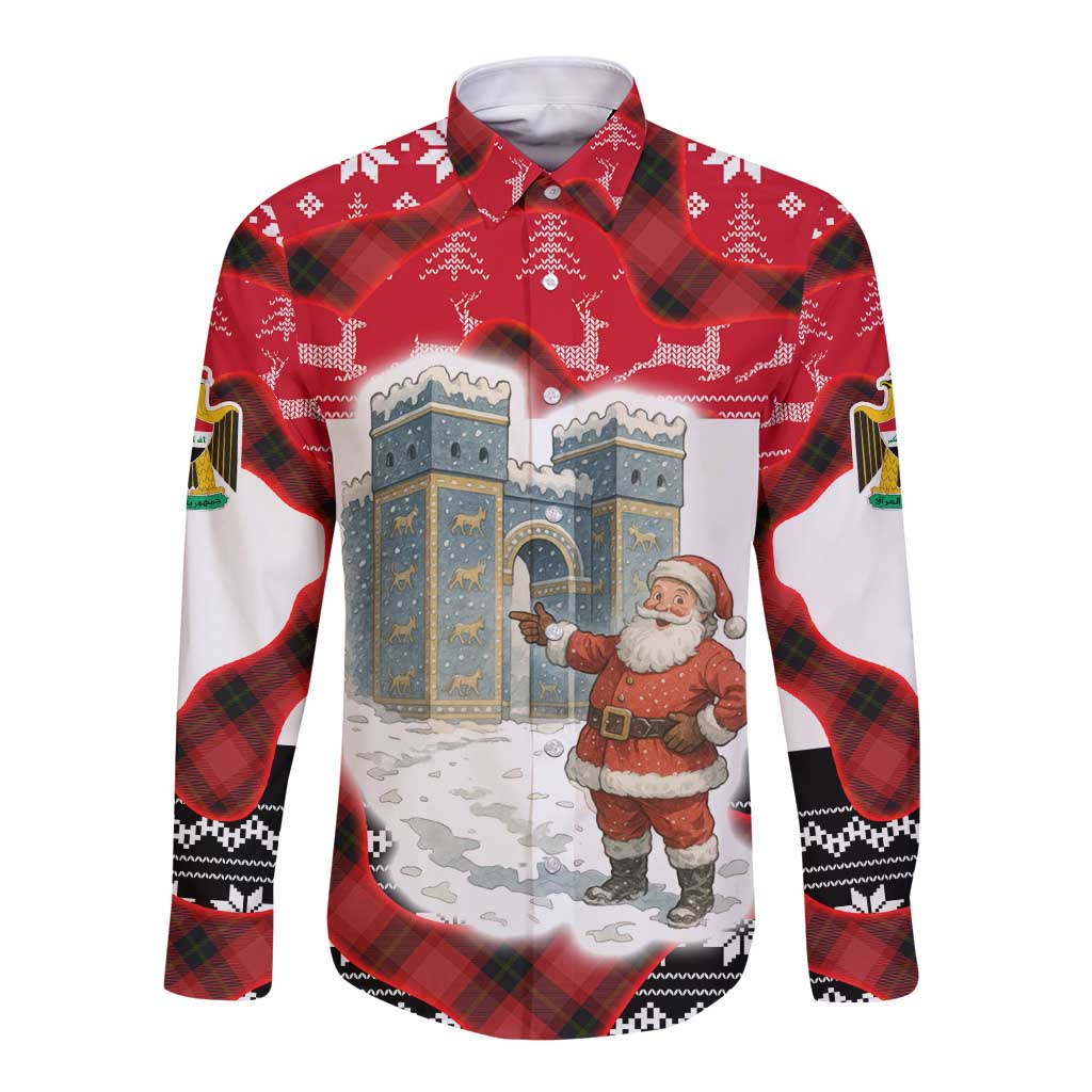 Iraq Christmas Long Sleeve Button Shirt with Santa Ishtar Gate Red Plaid and Snowflake Reindeer Pattern - Wonder Print Shop