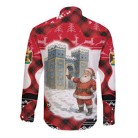 Iraq Christmas Long Sleeve Button Shirt with Santa Ishtar Gate Red Plaid and Snowflake Reindeer Pattern - Wonder Print Shop