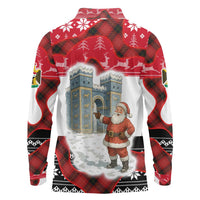 Iraq Christmas Long Sleeve Polo Shirt with Santa Ishtar Gate Red Plaid and Snowflake Reindeer Pattern - Wonder Print Shop