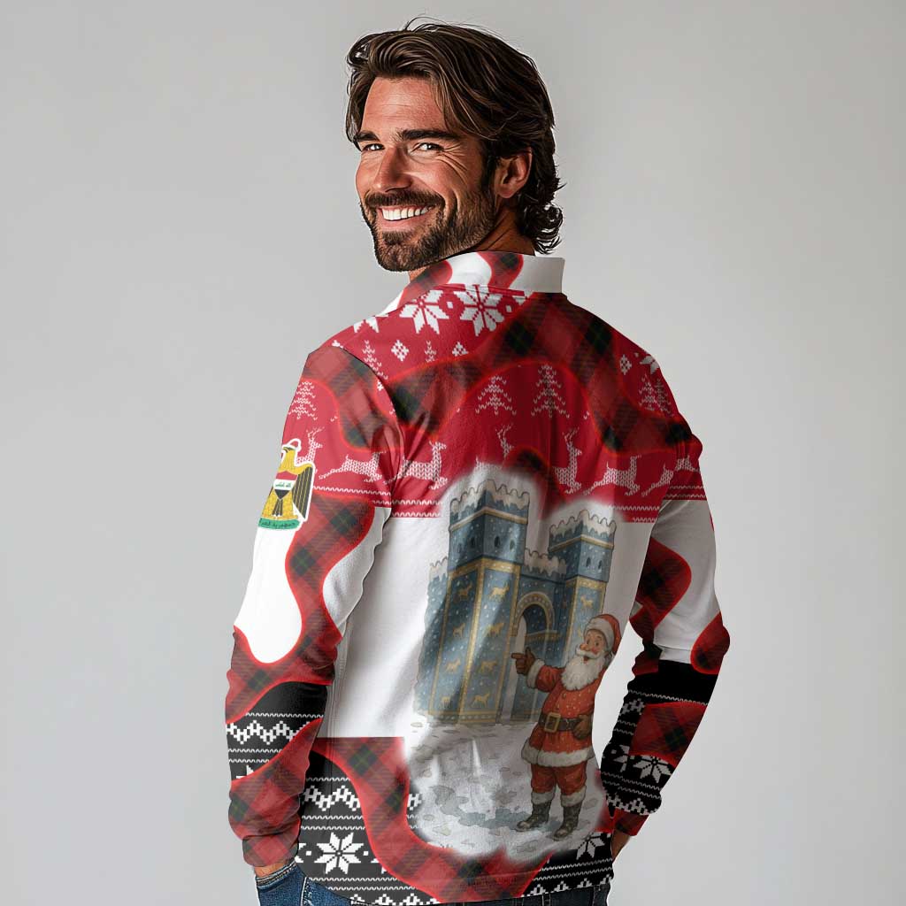 Iraq Christmas Long Sleeve Polo Shirt with Santa Ishtar Gate Red Plaid and Snowflake Reindeer Pattern - Wonder Print Shop