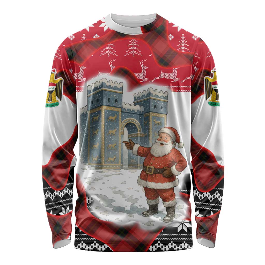 Iraq Christmas Long Sleeve Shirt with Santa Ishtar Gate Red Plaid and Snowflake Reindeer Pattern - Wonder Print Shop