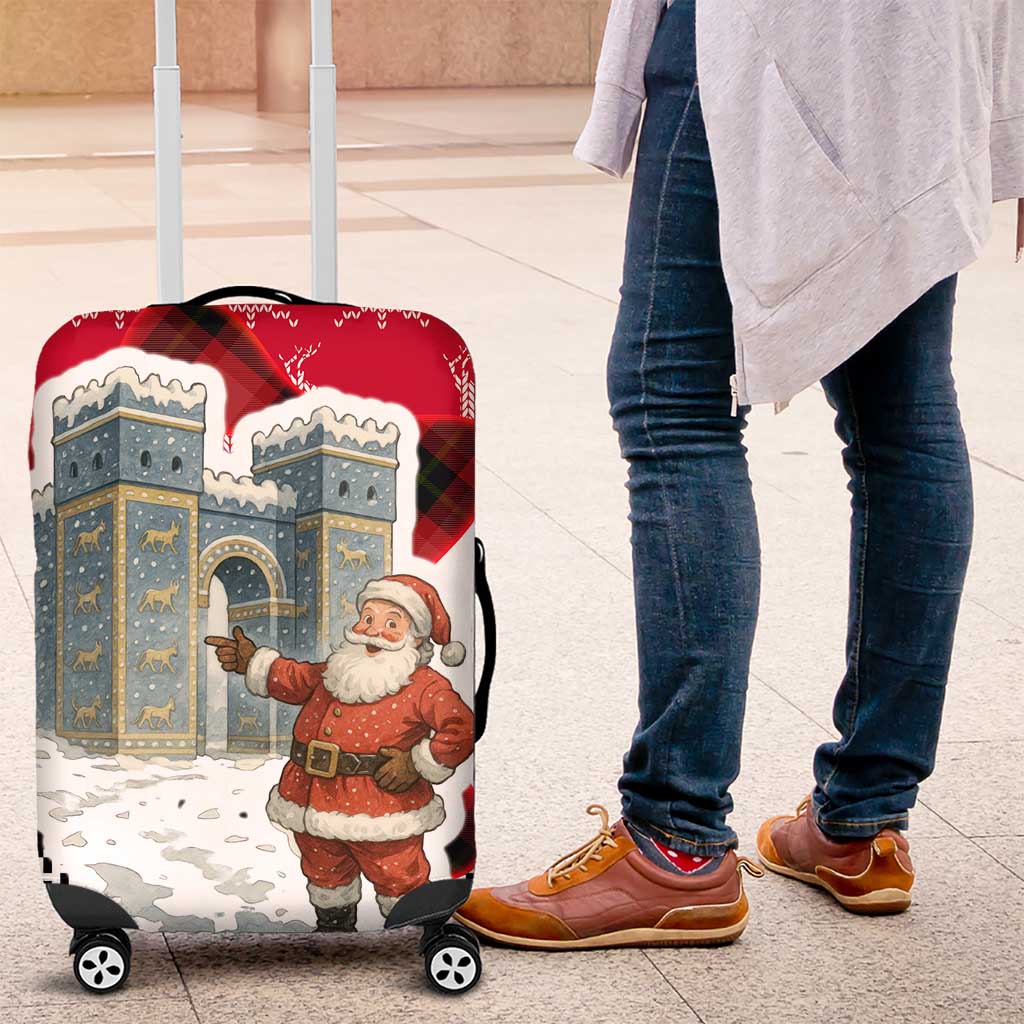 Iraq Christmas Luggage Cover with Santa Ishtar Gate Red Plaid and Snowflake Reindeer Pattern - Wonder Print Shop
