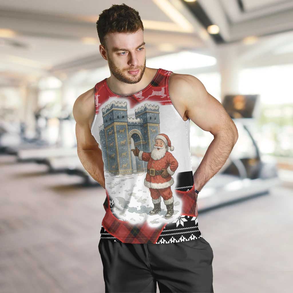 Iraq Christmas Men Tank Top with Santa Ishtar Gate Red Plaid and Snowflake Reindeer Pattern - Wonder Print Shop