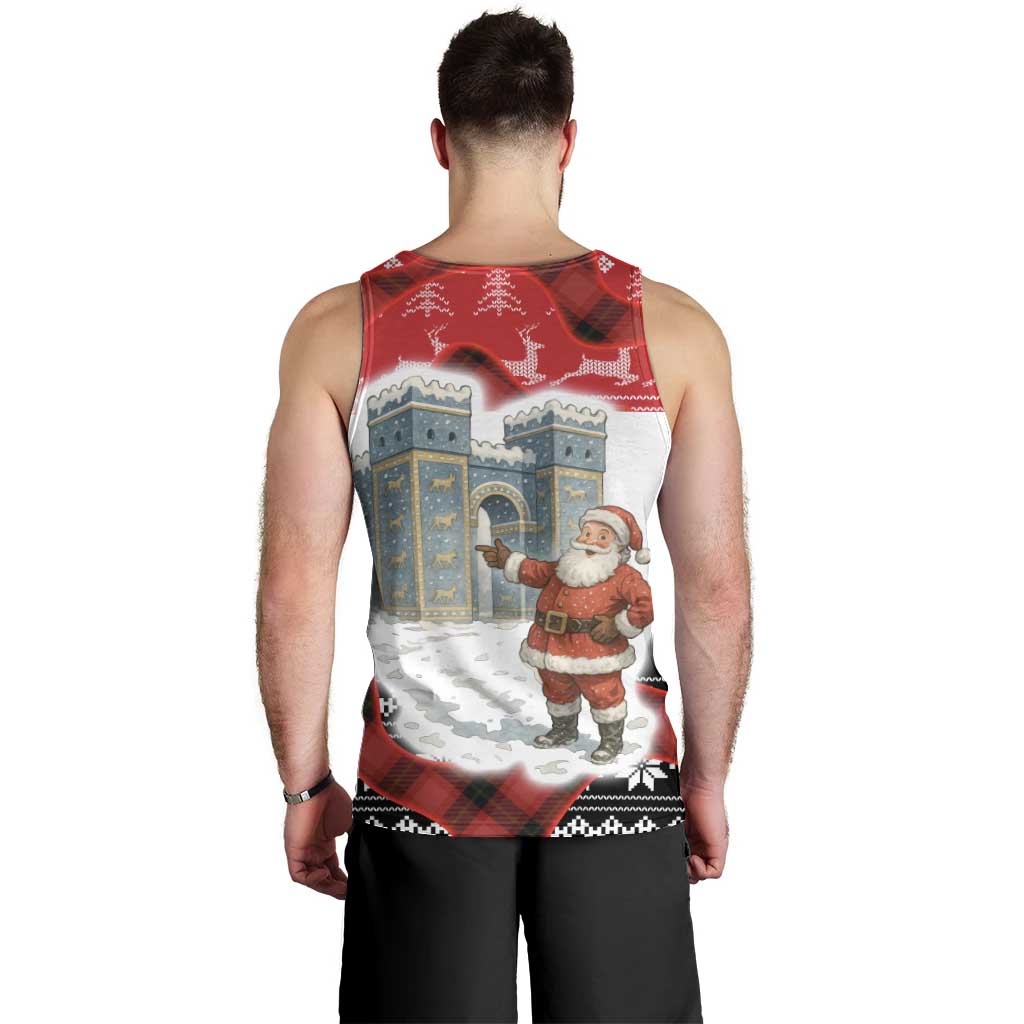 Iraq Christmas Men Tank Top with Santa Ishtar Gate Red Plaid and Snowflake Reindeer Pattern - Wonder Print Shop
