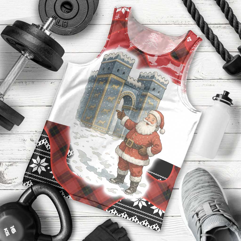 Iraq Christmas Men Tank Top with Santa Ishtar Gate Red Plaid and Snowflake Reindeer Pattern - Wonder Print Shop