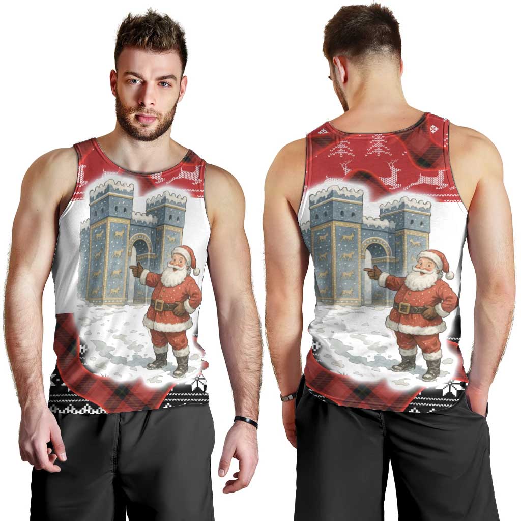 Iraq Christmas Men Tank Top with Santa Ishtar Gate Red Plaid and Snowflake Reindeer Pattern - Wonder Print Shop