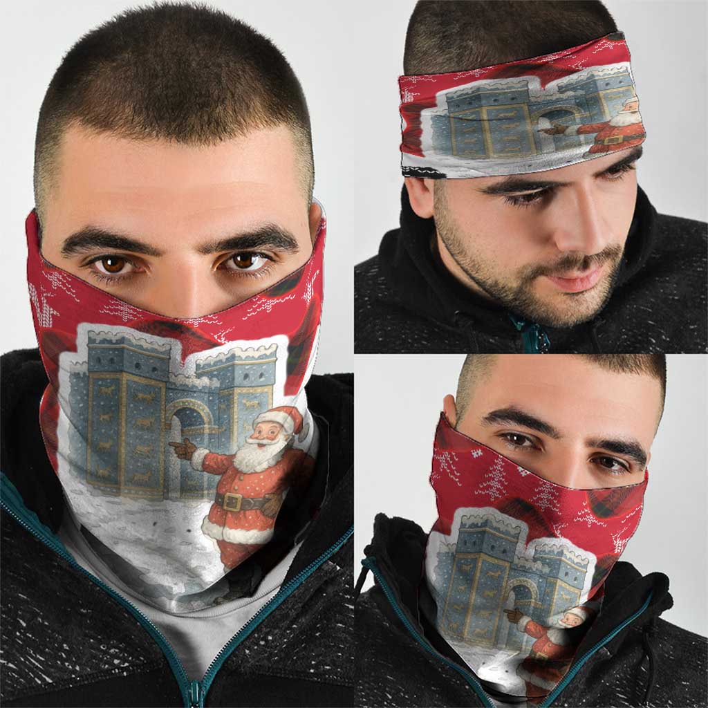 Iraq Christmas Neck Gaiter with Santa Ishtar Gate Red Plaid and Snowflake Reindeer Pattern - Wonder Print Shop