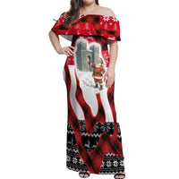 Iraq Christmas Off Shoulder Maxi Dress with Santa Ishtar Gate Red Plaid and Snowflake Reindeer Pattern - Wonder Print Shop
