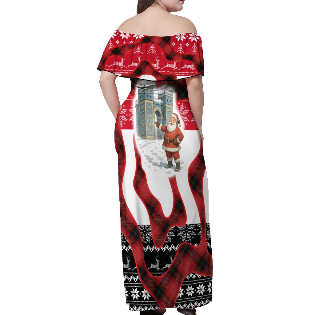 Iraq Christmas Off Shoulder Maxi Dress with Santa Ishtar Gate Red Plaid and Snowflake Reindeer Pattern - Wonder Print Shop