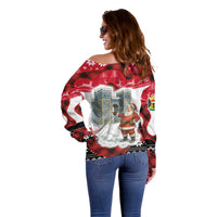 Iraq Christmas Off Shoulder Sweater with Santa Ishtar Gate Red Plaid and Snowflake Reindeer Pattern - Wonder Print Shop