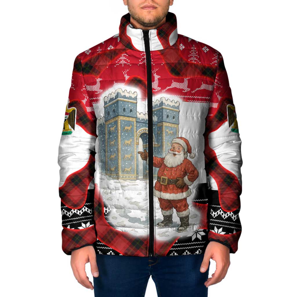 Iraq Christmas Padded Jacket with Santa Ishtar Gate Red Plaid and Snowflake Reindeer Pattern - Wonder Print Shop