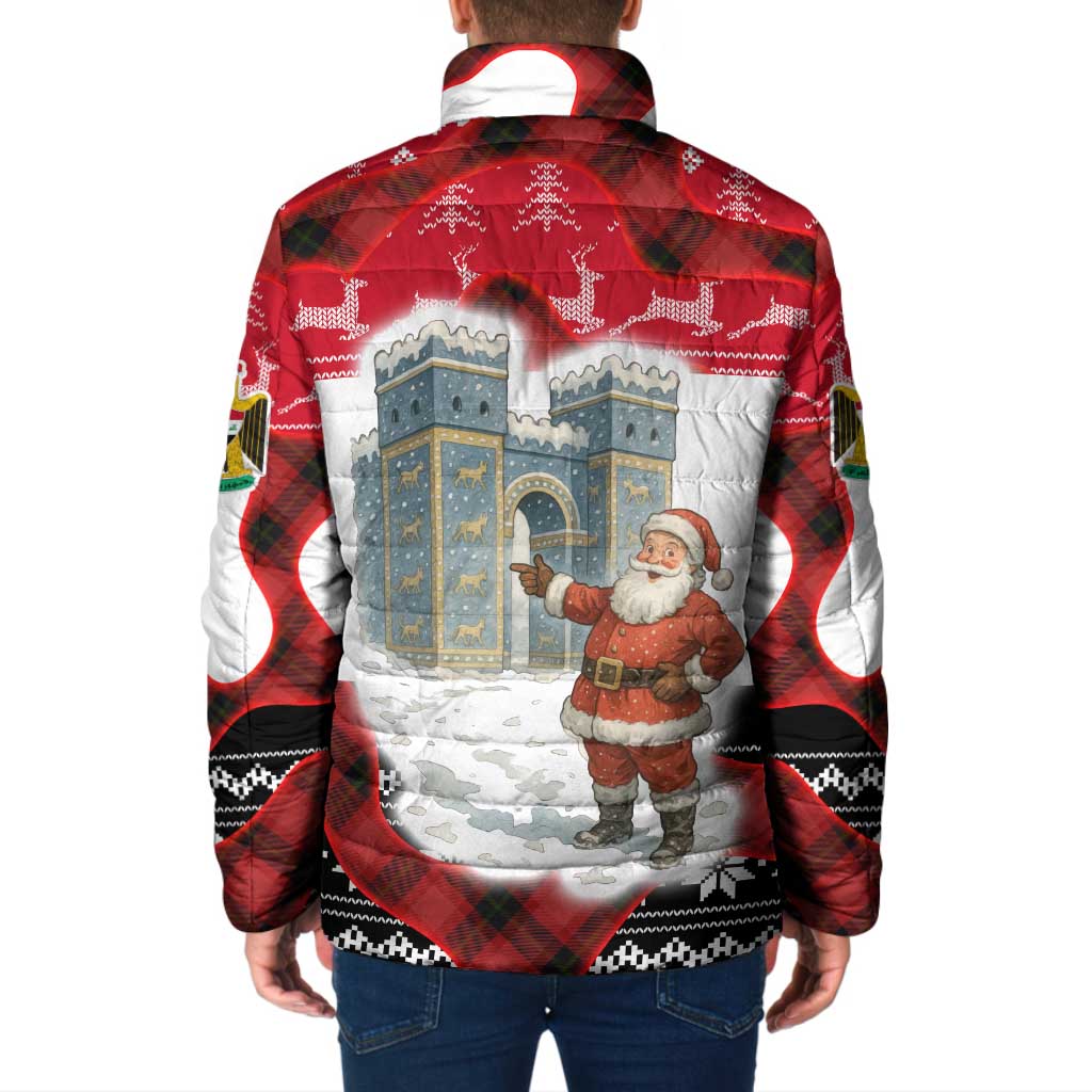 Iraq Christmas Padded Jacket with Santa Ishtar Gate Red Plaid and Snowflake Reindeer Pattern - Wonder Print Shop