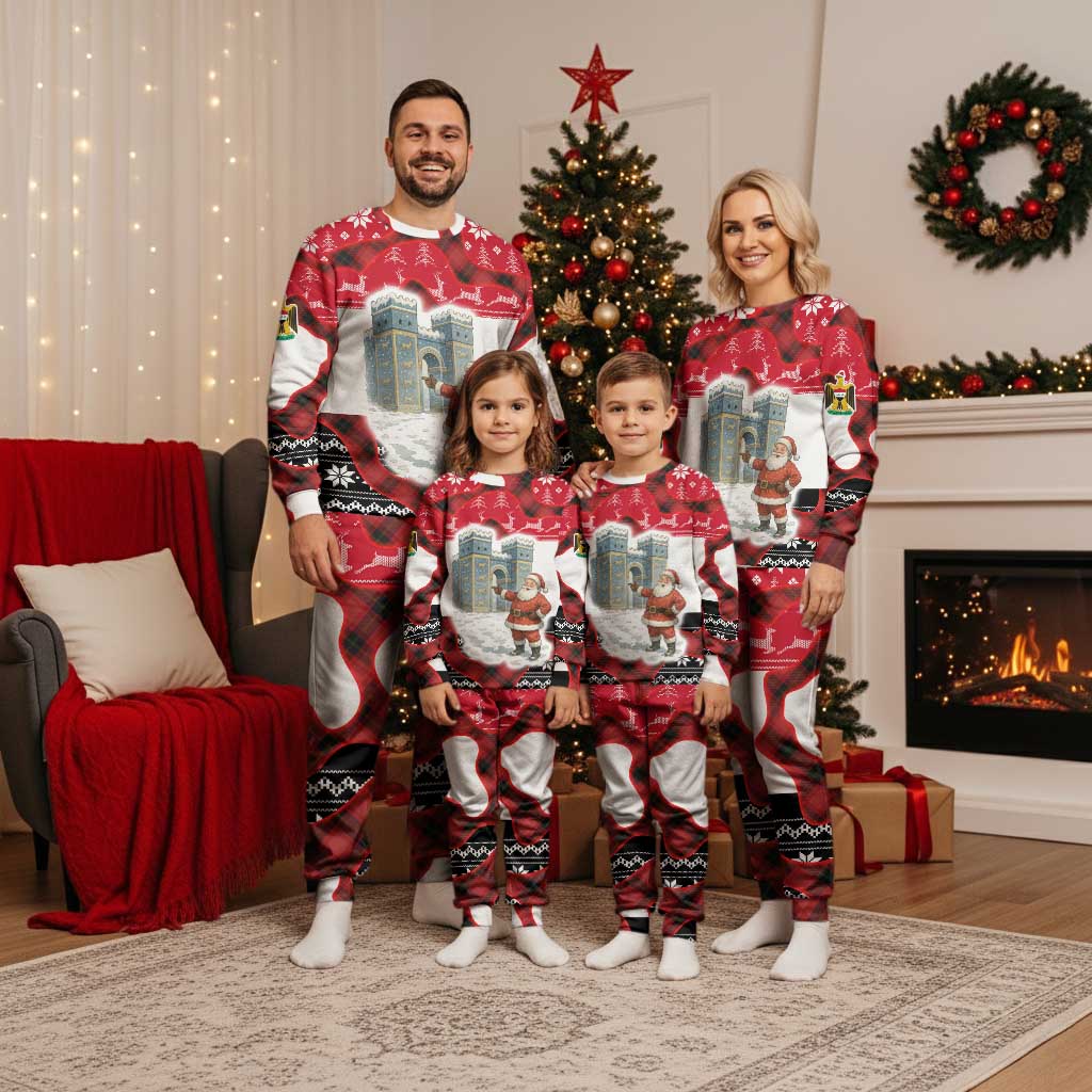 Iraq Christmas Pajama Set with Santa Ishtar Gate Red Plaid and Snowflake Reindeer Pattern - Wonder Print Shop