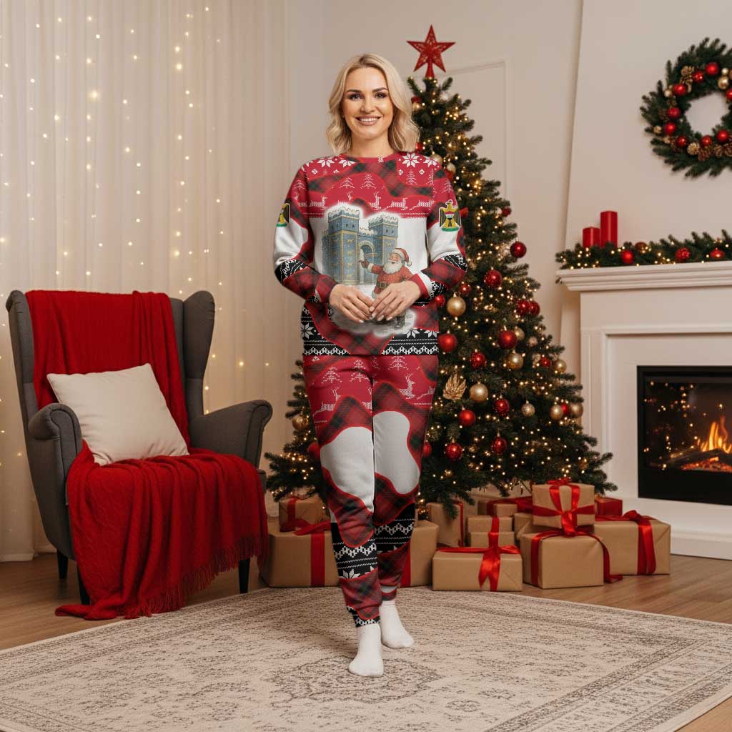 Iraq Christmas Pajama Set with Santa Ishtar Gate Red Plaid and Snowflake Reindeer Pattern - Wonder Print Shop