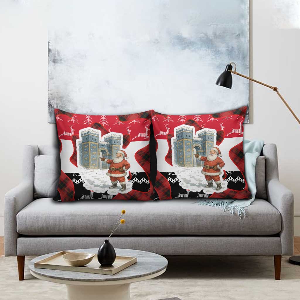 Iraq Christmas Pillow Cover with Santa Ishtar Gate Red Plaid and Snowflake Reindeer Pattern - Wonder Print Shop