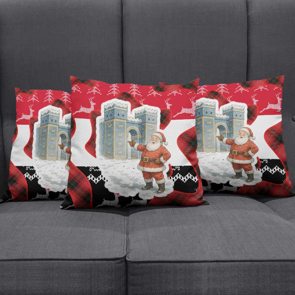Iraq Christmas Pillow Cover with Santa Ishtar Gate Red Plaid and Snowflake Reindeer Pattern - Wonder Print Shop