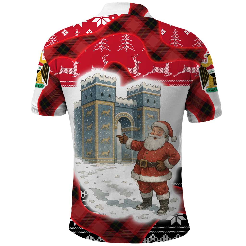 Iraq Christmas Polo Shirt with Santa Ishtar Gate Red Plaid and Snowflake Reindeer Pattern - Wonder Print Shop