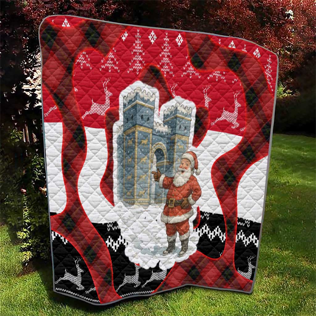 Iraq Christmas Quilt with Santa Ishtar Gate Red Plaid and Snowflake Reindeer Pattern - Wonder Print Shop