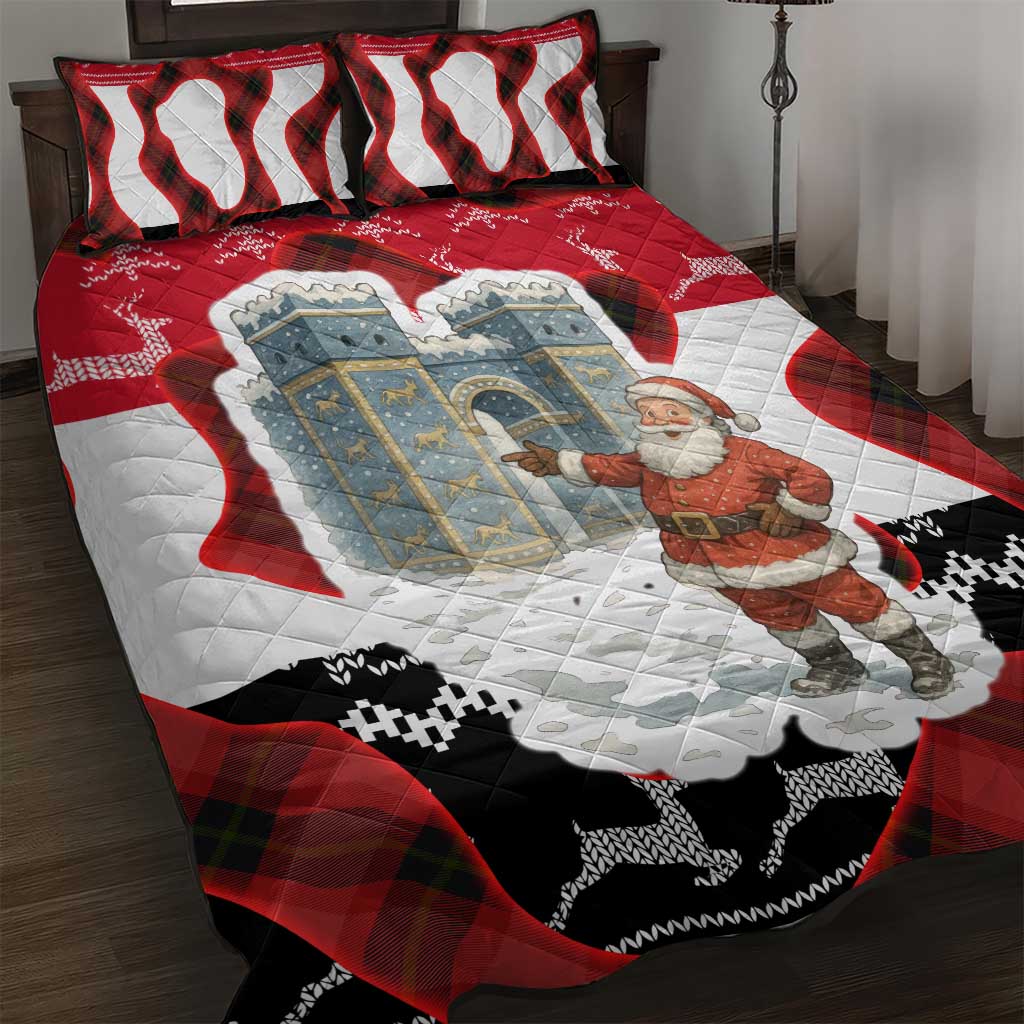 Iraq Christmas Quilt Bed Set with Santa Ishtar Gate Red Plaid and Snowflake Reindeer Pattern - Wonder Print Shop