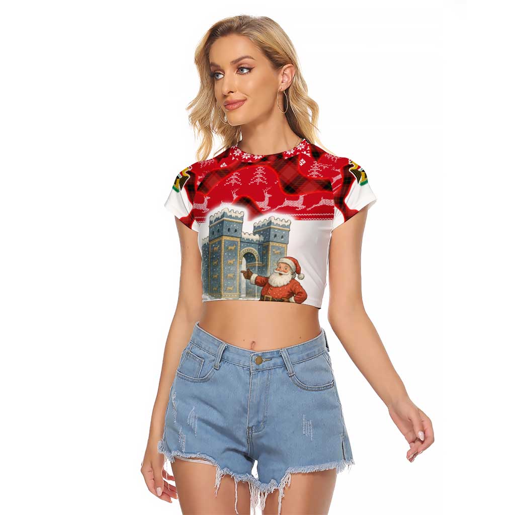 Iraq Christmas Raglan Cropped T Shirt with Santa Ishtar Gate Red Plaid and Snowflake Reindeer Pattern - Wonder Print Shop