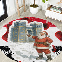 Iraq Christmas Round Carpet with Santa Ishtar Gate Red Plaid and Snowflake Reindeer Pattern - Wonder Print Shop