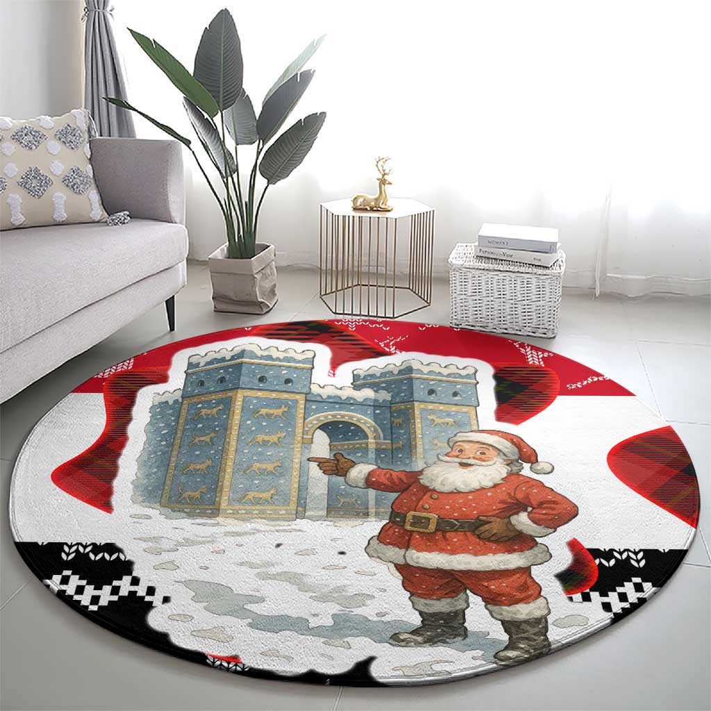 Iraq Christmas Round Carpet with Santa Ishtar Gate Red Plaid and Snowflake Reindeer Pattern - Wonder Print Shop