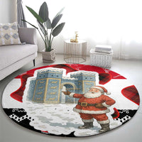 Iraq Christmas Round Carpet with Santa Ishtar Gate Red Plaid and Snowflake Reindeer Pattern - Wonder Print Shop