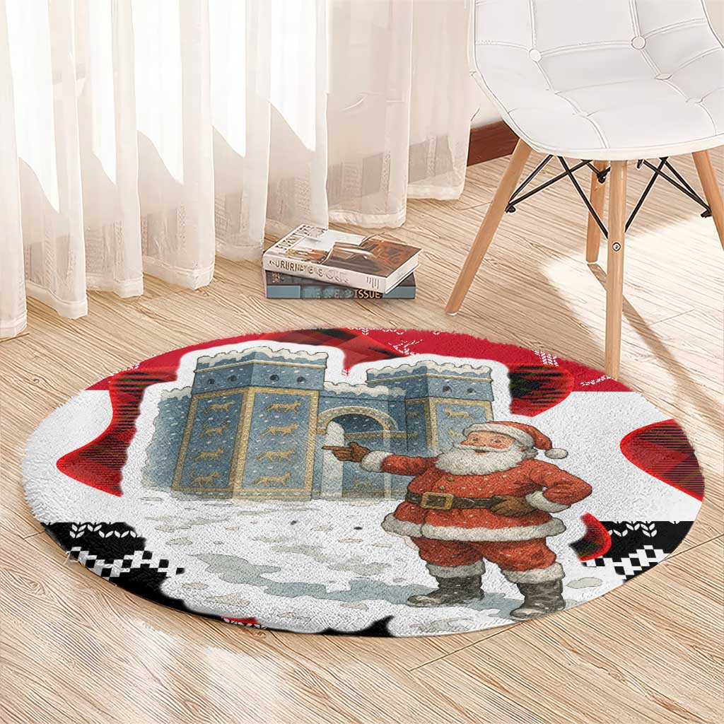 Iraq Christmas Round Carpet with Santa Ishtar Gate Red Plaid and Snowflake Reindeer Pattern - Wonder Print Shop